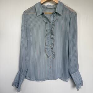 Chadwicks Sheer Striped Ruffle Blouse Vintage Blue Gray Button Up Shirt Size 14